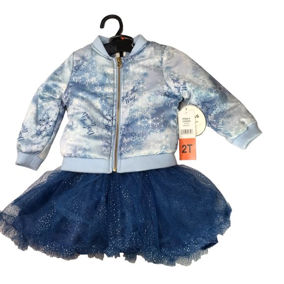New NWT Disney Frozen Outfit Set Blue Coat Jacket + Tutu Skirt Silver Glitter 2T - Picture 3 of 12